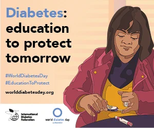 14 November World Diabetes Day - Diabetes: education to protect tomorrow. Illustration of a person checking their blood sugar level with a blood glucose monitor.