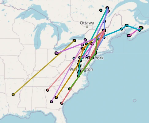 A map of the eastern United States and southeastern Canadian provinces. Data points are color-coded to indicate the locations of individual woodcock, and the points are connected by colored lines. The points start in northeastern areas like Quebec, Nova Scotia, and Vermont, and the lines trace a generally southwestern path all the way to Maryland, Georgia, and even Arkansas.