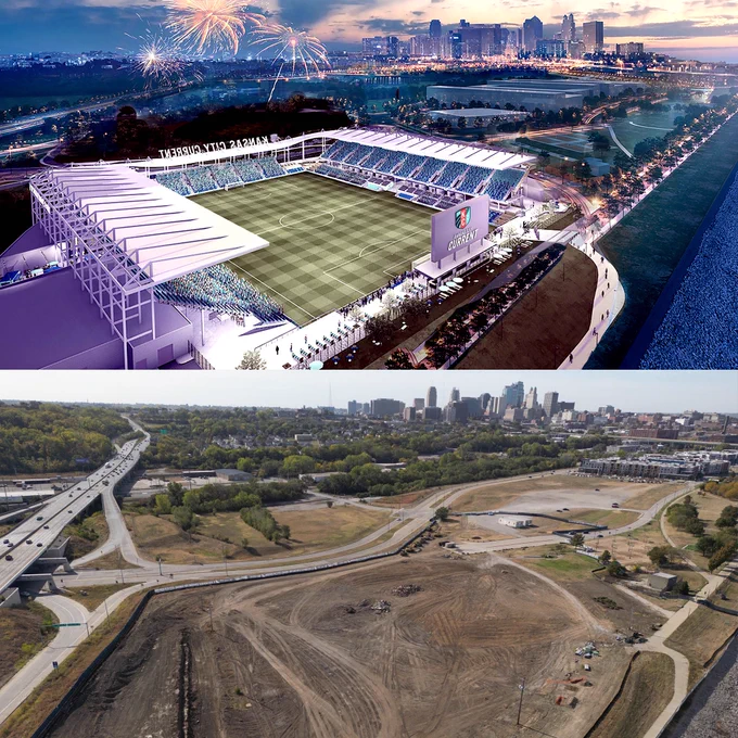 A photo of a KC Current Stadium rendering where you can see the whole stadium and the skyline of downtown in the background. Under that photo is a current photo of the stadium site from the same angle and it shows the dirt area where the stadium will be in 2024.