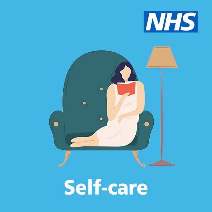 The illustration shows a person relaxing by reading a book. 

Text below reads: Self-care.

The NHS logo is present top right. 