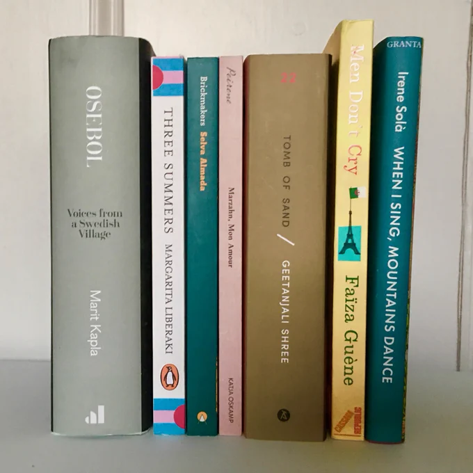 Warwick Prize for Women in Translation 2022 shortlist, which includes seven titles: 

Selva Almada, Brickmakers, translated from Spanish by Annie McDermott (Charco Press, 2021)

Katja Oskamp, Marzahn, Mon Amour, translated from German by Jo Heinrich (Peirene Press, 2022)

Faïza Guène, Men Don’t Cry, translated from French by Sarah Ardizzone (Cassava Republic Press, 2021)

Marit Kapla, Osebol: Voices from a Swedish Village, translated from Swedish by Peter Graves (Penguin Random House (Allen Lane), 2021)

Margarita Liberaki, Three Summers, translated from Greek by Karen Van Dyck (Penguin Random House (Viking), 2021)

Geetanjali Shree, Tomb of Sand, translated from Hindi by Daisy Rockwell (Tilted Axis Press, 2021)

Irene Solà, When I Sing, Mountains Dance, translated from Catalan by Mara Faye Lethem (Granta, 2022)
