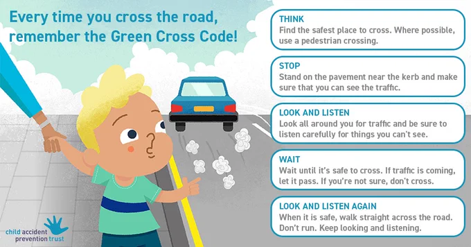 Every time you cross the road, remember the Green Cross Code. Think, Stop, Look and Listen, Wait, Look and Listen again. 