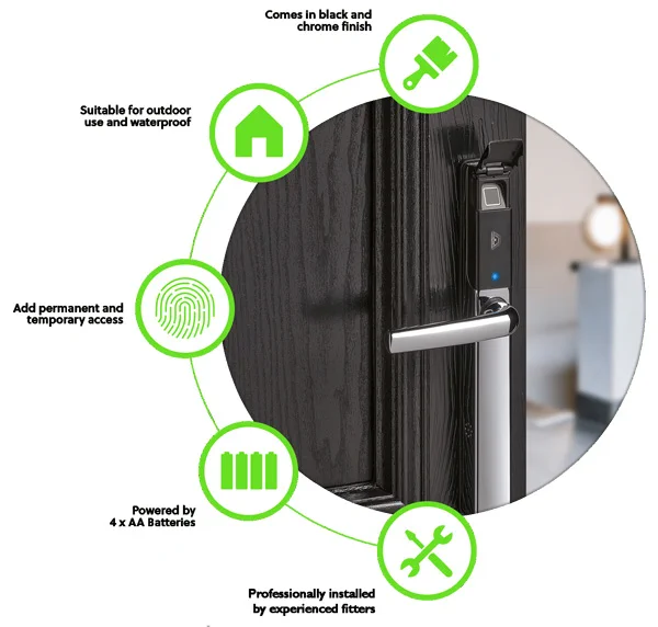 Comes in black and chrome finish - Suitable for outdoor use and waterproof - Add permanent and temporary access - Powered by 4 x AA batteries - Professionally installed by experienced fitters