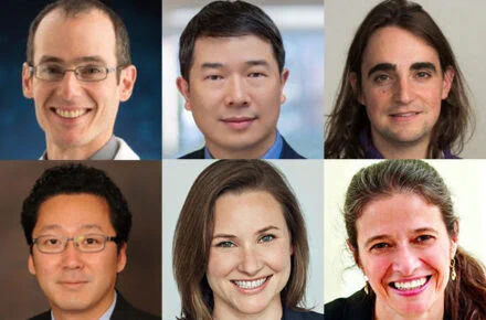 Photos of the six MBioFAR awardees. Top row, from left: Sami Barmada, Jianping Fu, Costas Lyssiotis. Bottom row, from left: James Moon, Alison Narayan, Elizabeth Speliotes.
