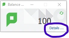 Image of PaperCut app popup showing 100 printing credit balance. The Details link is circled in purple ink.