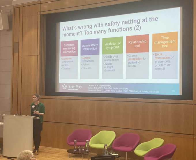 Photo of Georgia Black presenting thoughts on the many functions of safety netting in primary care