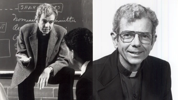 Fr. Cavanagh instructs a student inside of a classroom on the left and poses for a photo on the right.