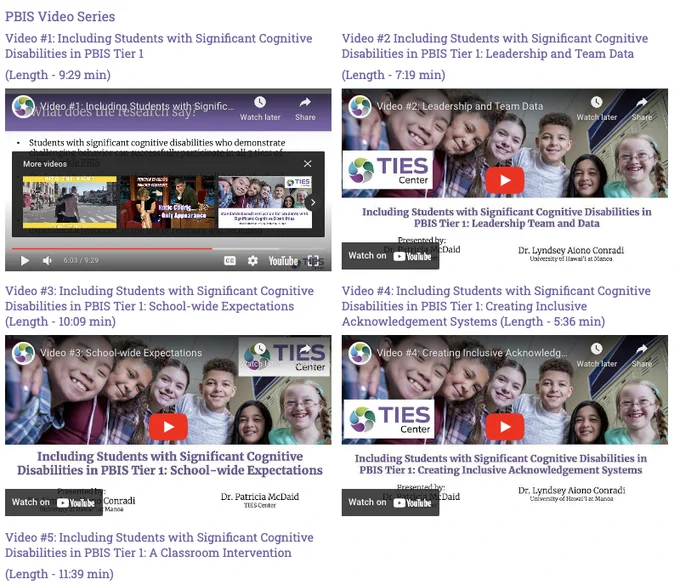 Screenshot of the first four videos on the TIES Center PBIS youtube channel with titles, descriptions and photos.
