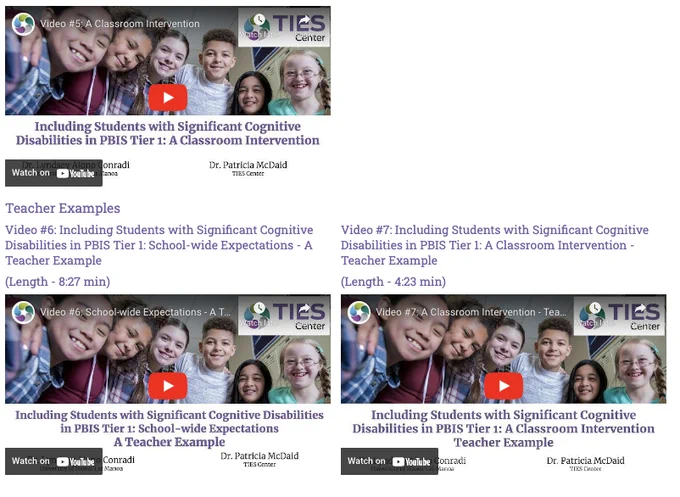 Screenshot of the last three videos on the TIES Center PBIS youtube channel with titles, descriptions and photos.