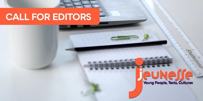 Reads: Call for editors Jeunesse: Young People, Texts, Cultures. The background is a white desk with a mug, lapton, notebook, pen, and ruler.