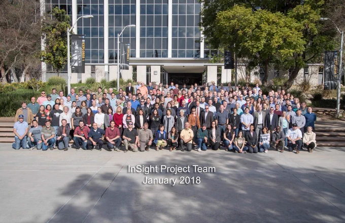 Posed group photo taken at NASA’s Jet Propulsion Laboratory features over 150 people, gathered on the steps in front of the facility’s main administration building. Trees frame the background, and a text overlay reads, “InSight Project Team, January 2018.”