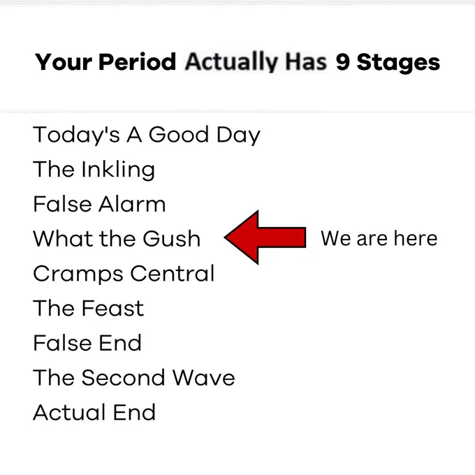 A graphic resembling a popular seasons meme. It reads, “Your Period Actually Has 9 Stages,” listing out “Today’s A Good Day, The Inkling, False Alarm, What the Gush, Cramps Central, The Feast, False End, The Second Wave, Actual End.” A red arrow points to “What the Gush” with text reading, “We are here.”
