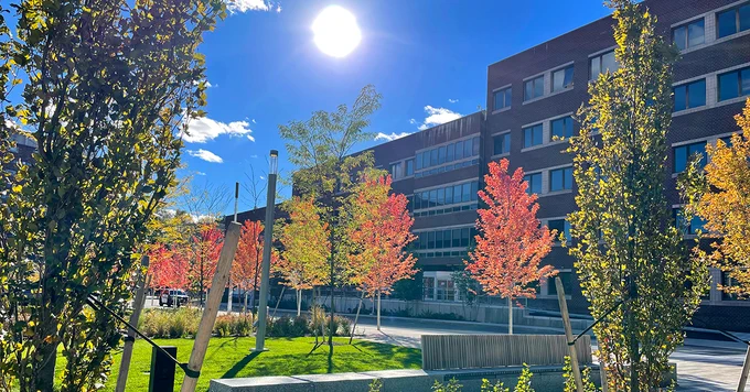 Wide view of MIT Medical, MIT building E23, from Kendall Open Space, across Carleton Street in Cambridge, MA