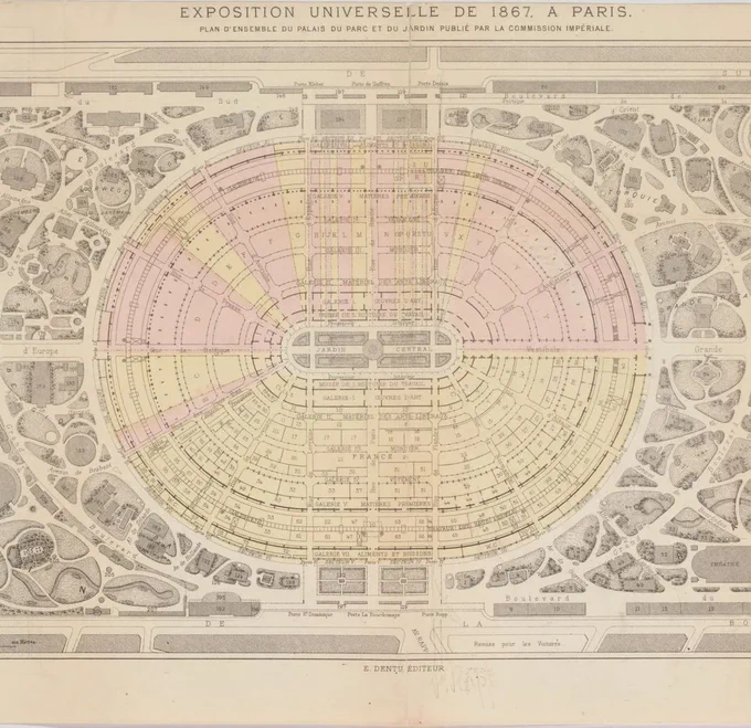 map in French showing a oval in two colors of galleries with a garden in the middle surrounded by park on all sides 