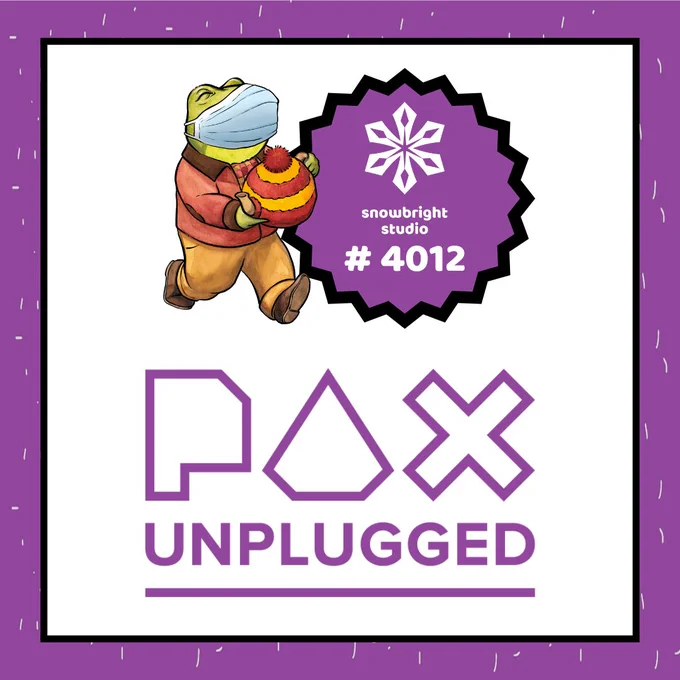 Pax Unplugged logo, with a mask wearing Hoptop and the Snowbright studio logo with booth number 4012
