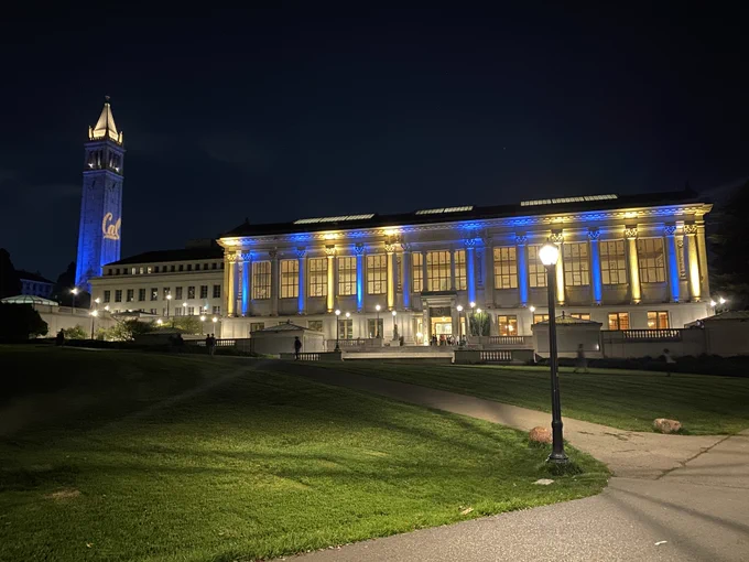 Doe Library and Sather Tower at UC Berkeley during Big Game week.
