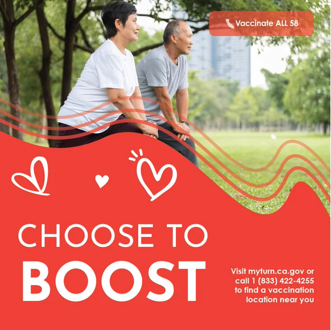 Two Asian older adults stretching in a park with "Choose to Boost" text overlaid on the image.