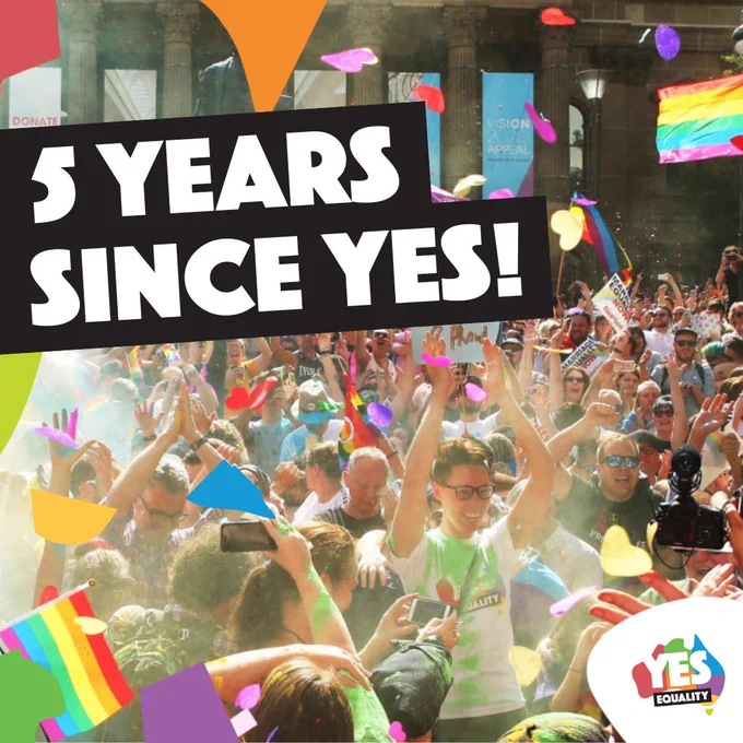 Crowd celebrating the announcement on 15 November 2017 that Australians voted yes to marriage equality in the postal survey.