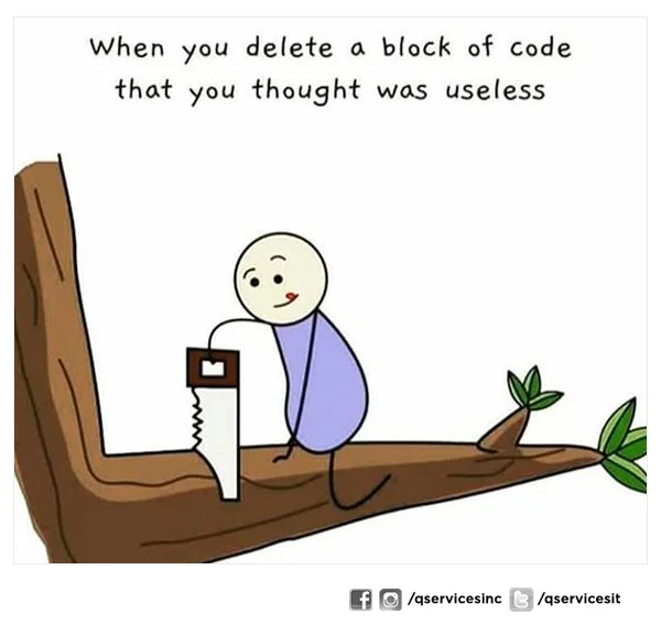 Captioned, "When you delete a block of code that you thought was useless". Below, a picture of a stick figure in the middle of sawing off the limb of a branch he is currently sitting on