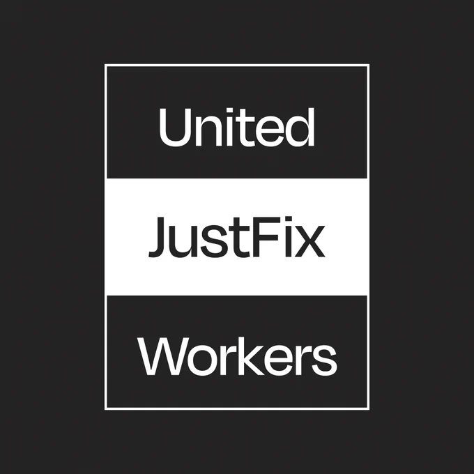 "United JustFix Workers" logo, has the name in white text on a black background.