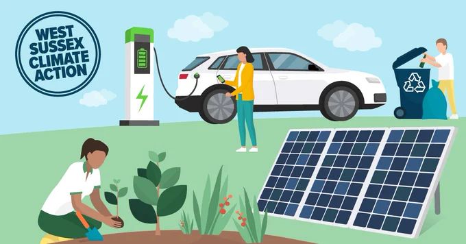  West Sussex Climate Action Illustration. Image features a person gardening and planting, a solar panel, someone putting items in a recycling bin and a person charging an electric vehicle.