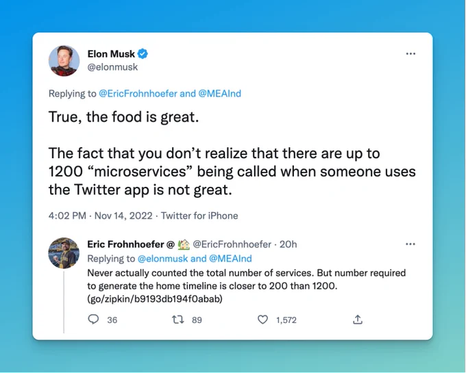 Public argument about the number of microservices required to render a Twitter timeline. Is it 1200 or 200?