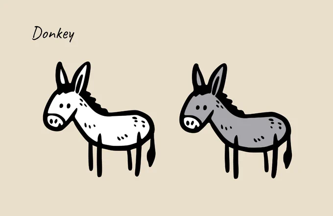 Illustrations of a white and a grey donkey