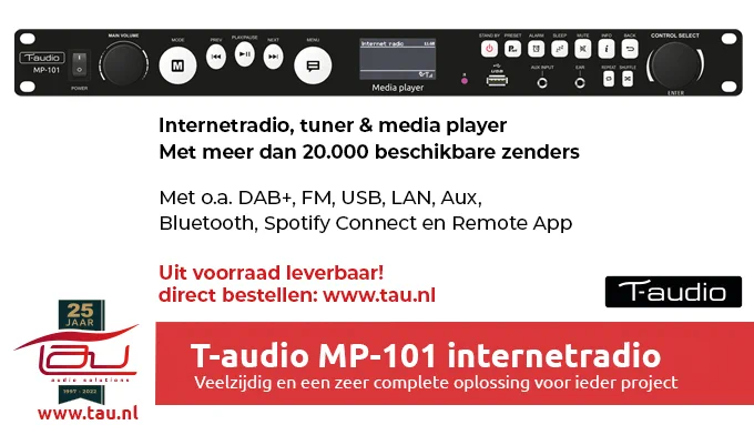 De veelzijdige T-audio MP-101 internettuner Al veel klanten hebben al kennis gemaakt met de veelzijdige MP-101 internettuner! Een extreem veelzijdig apparaat en is een internetradio, tuner en media player in één. In een 1U behuizing biedt deze internetradio specificaties als DAB , USB, Multi-Room, RS232, Bluetooth, Remote App en nu ook Spotify Connect!  Ben je ook al bekend met de vele mogelijkheden van de MP-101? Meer informatie en direct bestellen: www.tau.nl