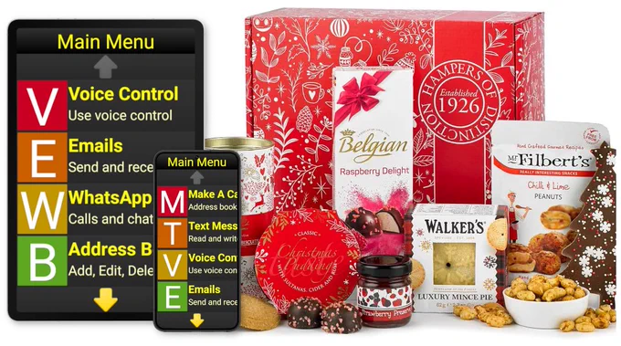 A picture showing a Synapptic tablet & phone with a Christmas hamper next to it.