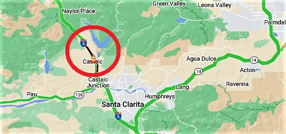 A map of Interstate 5 in northern Los Angeles County where crews have been working to repair freeway damage caused by the Route Fire, a wildfire which started August 31, 2022, and reduced the number of lanes open to traffic on Northbound I-5.