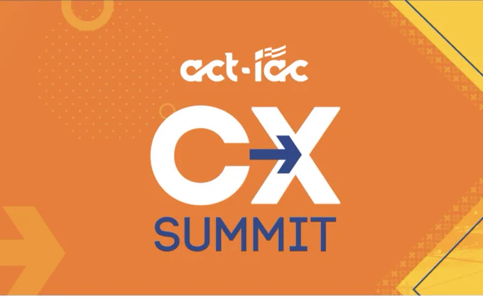 Decorative orange, yellow, and blue geometric shapes in the background. Text reads: ACT-IAC CX Summit.