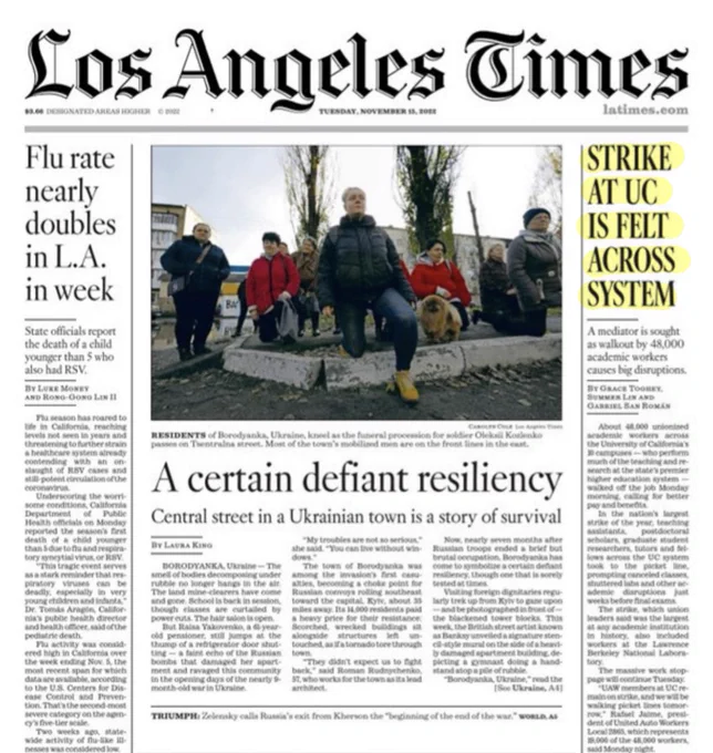 A screenshot of the front page of today’s LA Times. On the right-hand side of the image, a column is highlighted. Its headline reads “Strike at UC is felt across system.”