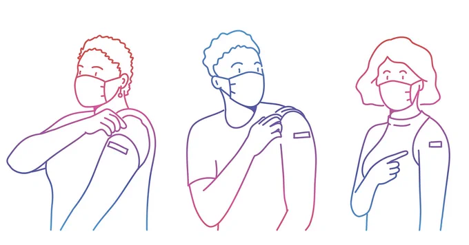 Illustration of three people wearing PPE masks and rolling up their sleeve