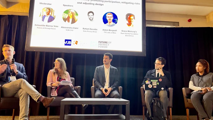 Image of panelists at the third panel of the 2022 Brussels Privacy Symposium from left to right: Adam Bargroff, Alessandra Calvi, Sebastião Barros Vale, Rafael Zanatta, and Grace Mutung’u