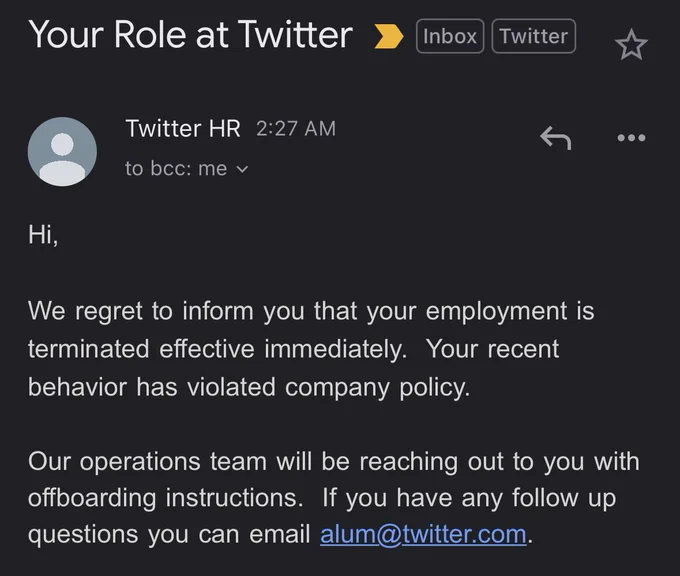 Termination email to me from Twitter