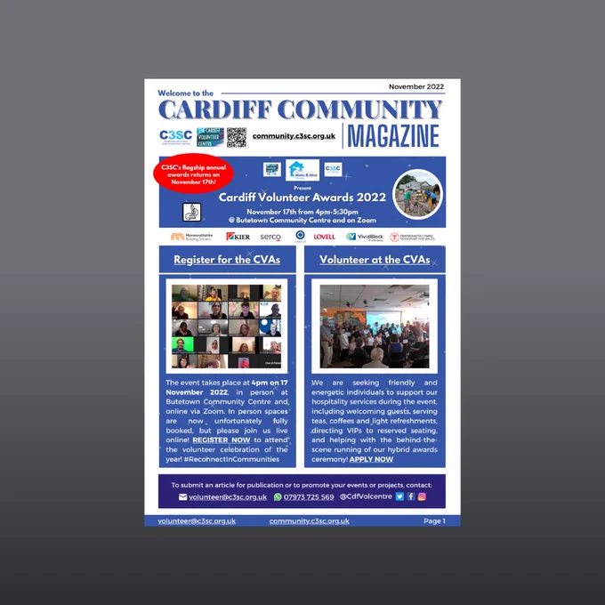 Cardiff Community Magazine front cover on a fading grey background.

Cardiff Volunteer Awards 2022 banner featured image.

Register for the CVAs and Volunteer at the CVAs information and images from previous awards.