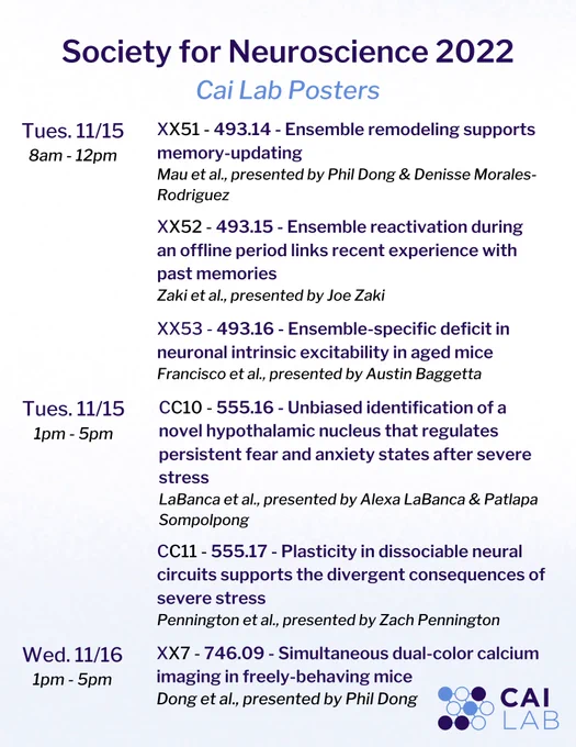 Society for Neuroscience 2022 Cai Lab Posters.
Tuesday 11/15 from 8am to 12pm:
Poster 493.14 in XX51 - Ensemble remodeling supports memory updating, presented by Phil Dong & Denisse Morales-Rodriguez
Poster 493.15 in XX52 - Ensemble reactivation during an offline period links recent experience with past memories presented by Joe Zaki
Poster 493.16 in XX53 - Ensemble-specific deficit in neuronal intrinsic excitability in aged mice presented by Austin Baggetta.
Tuesday 11/15 from 1pm to 5pm:
Poster 555.16 in CC10 - Unbiased identification of a novel hypothalamic nucleus that regulates persistent fear and anxiety states after severe stress presented by Alexa LaBanca & Patlapa Sompolpong
Poster 555.17 in CC11 - Plasticity in dissociable neural circuits supports the divergent consequences of severe stress presented by Zach Pennington.
Wednesday 11/16 from 1pm to 5pm:
Poster 746.09 in XX7- Simultaneous dual-color calcium imaging in freely-behaving mice presented by Phil Dong