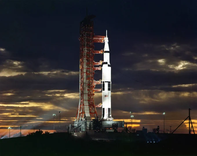 The Apollo 17 Saturn V rocket sits on Launch Pad 39A at NASA's Kennedy Space Center in preparation for the Countdown Demonstration Test. 