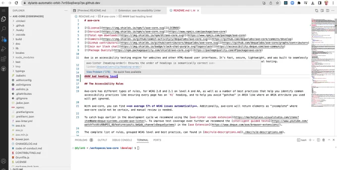 axe Linter Markdown error showing incorrect heading level inside VS Code inside the browser in a Codespace
