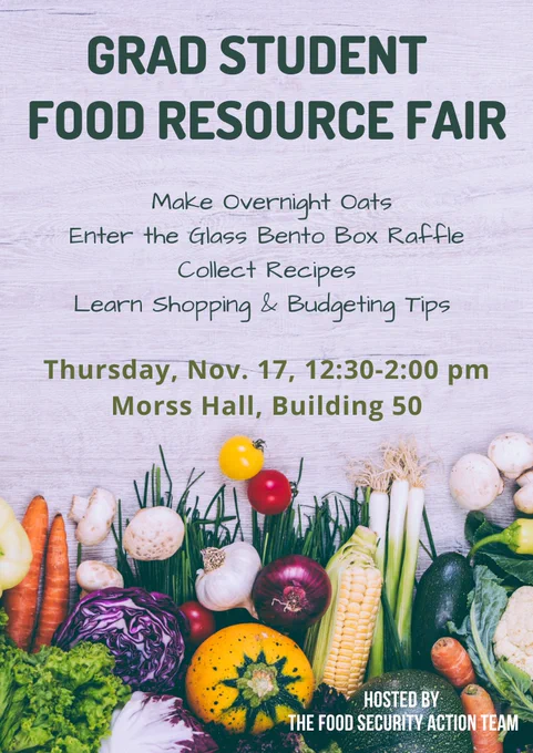 Purple poster with vegetables at the bottom announcing event.