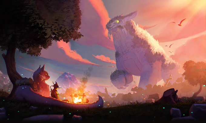 A person wearing armor rests against a large cat by a campfire at twilight. A giant roams in the distance.