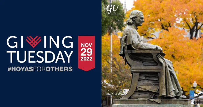 Giving Tuesday #HoyasForOthers on November 29, 2022 with John Carroll statue surrounded by autumn leaves.