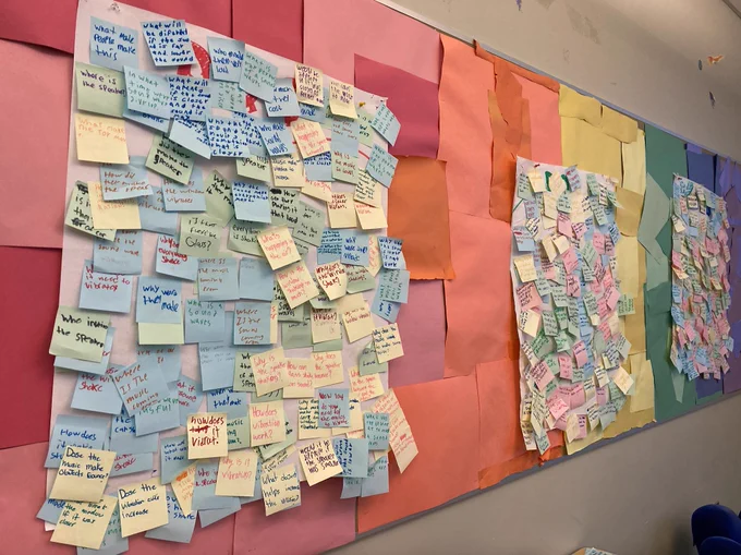 Three driving question boards with so many post its that they overlap each other on the chart paper!