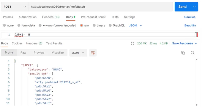 Screenshot of part of a postman.co website with a API call to a locally running BridgeDb webservice, doing a batch identifier mapping and returning JSON!