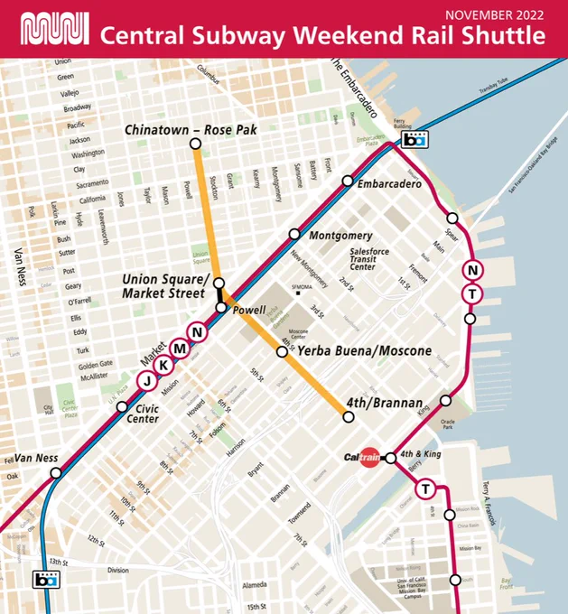 Muni Central Subway Weekend Rail Shuttle service map.