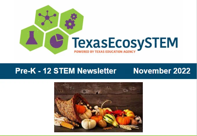 Image with gears, beaker that says Texas EcoSystem, PreK-12 STEM Newsletter, Nov. 2022