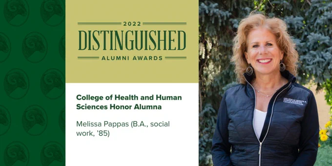 Image with text that says "2022 Distinguished Alumni Awards, College of Health and Human Sciences Honor Alumna, Melissa Pappas (B.A., social work, '85)" with a photo of Melissa Pappas. 