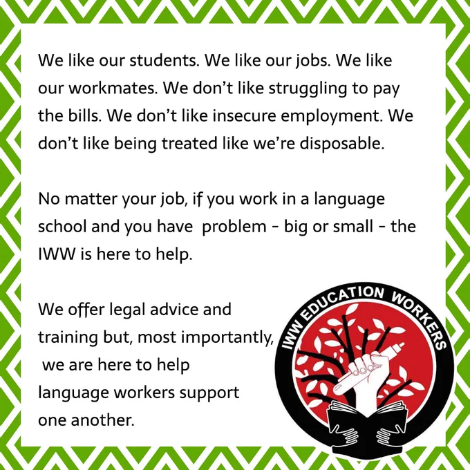 Image shows the TEFL Union mission statement including: "No matter your job, if you work in a language school and you have a problem at work - big or small - the IWW is here to help"