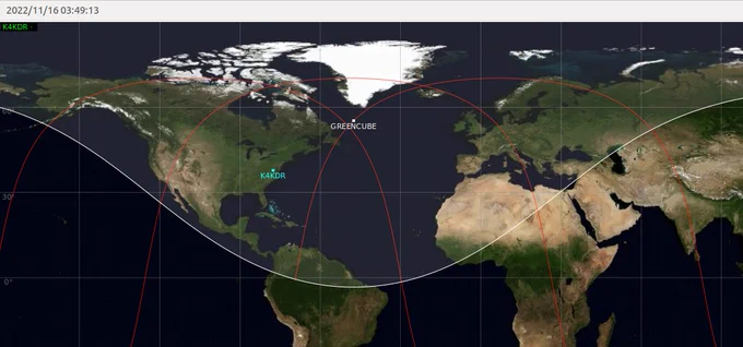 GreenCube orbit in GPredict tracking South-to-North over the Atlantic Ocean w/ footprint covering North America, Europe, & parts of South America, Africa, & West Asia