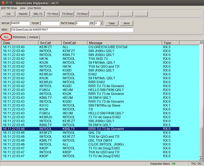 UZ7HO GreenCube Digipeater client showing many contacts including KB6LTY to IW7DOL